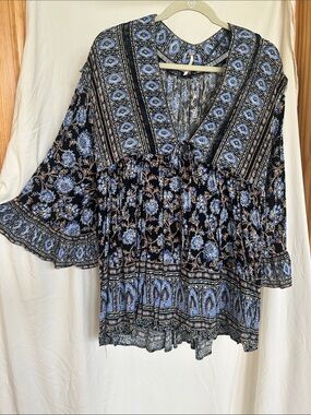 Free People Black Tunic with Light Blue Floral Border Print